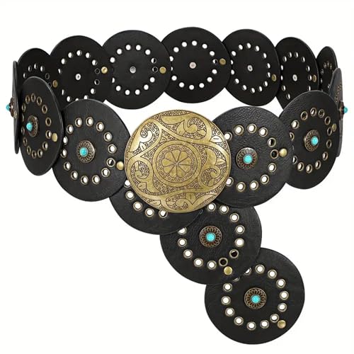 Women's Boho Disc Belt Wide Western Cowboy Belt Vintage Cowgirl Chunky Concho Belts for Dress Jeans