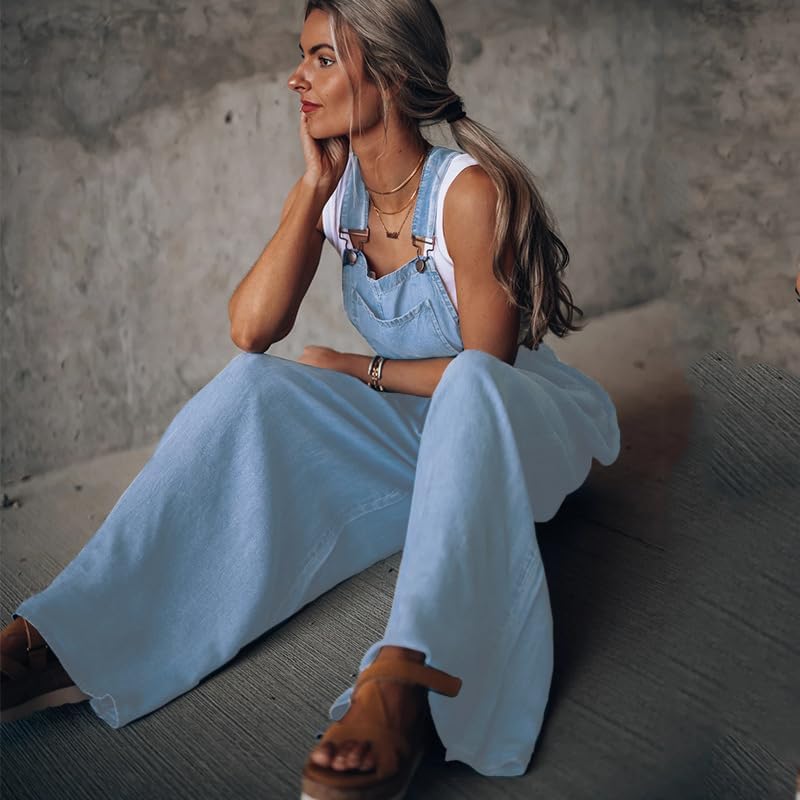 utcoco Women's Casual Loose Denim Overalls Adjustable Strap Wide Leg Bib Jean Overalls Jumpsuit with Pockets - Image 4