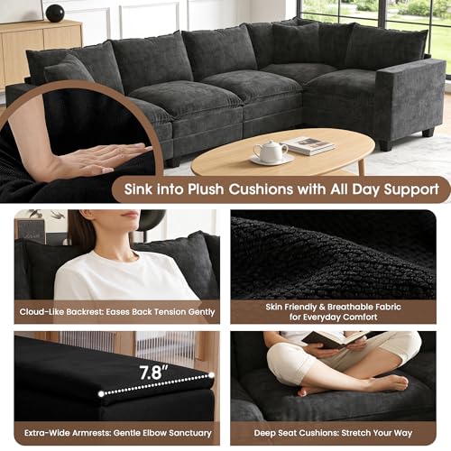 Image of 97 inch L Shaped Sectional Couch, Comfy Chenille Cloud Couch, 5 Seat Modular Cloud Sofa with 2 Pillows & Storage Armrests, Convertible V Shaped Corner Couch, Sectional Couches for Living Room, Black