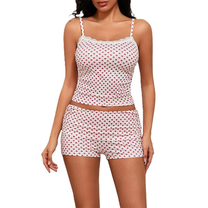 Image of Womens Y2K Cute Print Cami Pajama Sets Lace Trim V Neck Tank Top Shorts Set Bow Heart Print 2 Piece Sleepwear