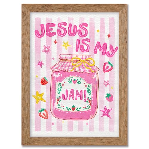 Golden Framed Christian Strawberry Jam Canvas Wall Art, Jesus Is My Jam Scripture Quote Poster, Pink White Stripe Pastel Star Fruit Print, Preppy Girls Room Religious Faith Wall Decor 8x10in
