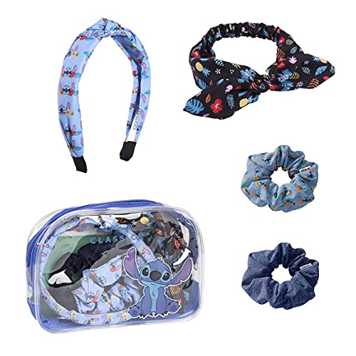 Disney Stitch Ensemble de Beauté pour Filles, Accessoires pour Cheveux Filles, Comprend un Bandeau, Bandana, Bandes élastiques, Trousse de Toilette, Cadeau pour Filles