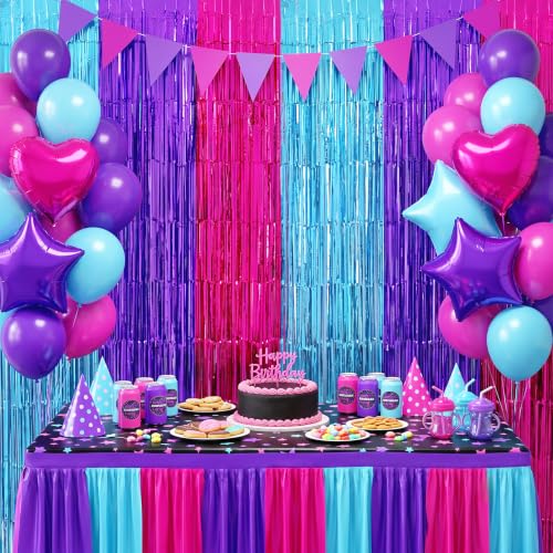 Image of TONIFUL 2Pcs Blue Purple Pink Metallic Tinsel Foil Fringe Curtain Streamer | 3.3ftx6.6ft Photo Booth Backdrop Door Streamer for Sweet 16 Baby Shower Easter Princess Themed Birthday Party Decorations