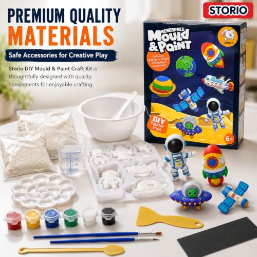 Image of Storio Toys DIY Mould & Paint Craft Kit - Astronauts Space Kids DIY Craft for 5 Years Plaster Figurine Set with Pigments Palette & Mold Painting Art & Craft Set -Gift Toys for 3 to 8 ysMulticolour