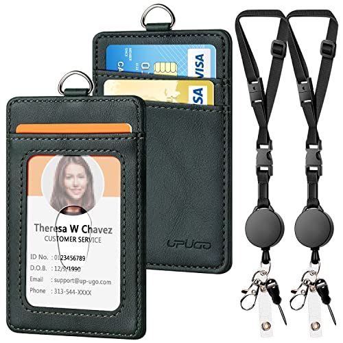 2 Pack Leather Badge Holder with Adjustable Retractable Lanyards, Quick Release Buckle and Safety Breakaway Lanyards with Swivel Metal Lobster Clasp for Offices, Staff, Students, Employees, Dark Green