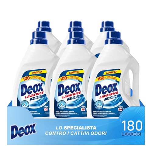 Deox Detersivo Lavatrice Liquido Classico, 180 Lavaggi, 1500 ml x 6 | Smacchia e igienizza il bucato con una formula antiodore, efficace contro sporco e macchie ostinate.