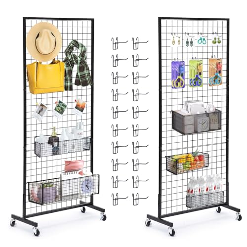Eastern Tree Grid Wall Panels, Gridwall Panels Stand with T-Base, Black Wire Grid Wall Panel Display with Wheels, Craft Fair Display Rack, Retail Display, 2 Packs 2.5'x 6', Extra More 20 Pieces Hooks