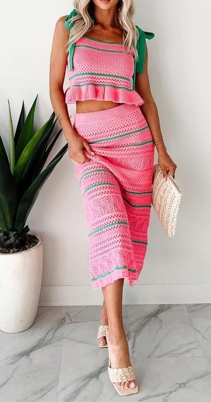 Seyumixi Women Crochet Knit 2 Piece Vacation Outfits Sleeveless Striped Tie Shoulder Tank Top Bodycon Midi Skirt Set - Image 3
