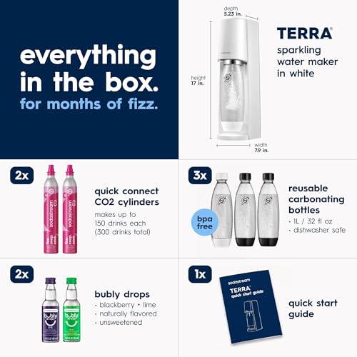 Image of SodaStream TERRA Sparkling Water Maker, Value Bundle, CQC CO2 System, Includes 2 Quick Connect 60L CO2 Cylinders, 3 Dishwasher Safe BPA Free Bottles, 2 bubly Drops, Make your own Pepsi, White