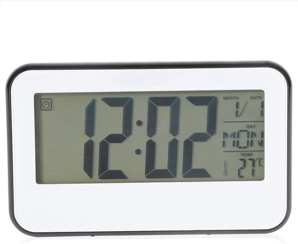 Digital Sound Control Alarm Clock LCD Display Alarm Clock Thermometer Shelf Clock with Snooze Backlight Multifunctional Alarm Clock(White)