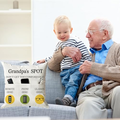 ONFAON Grandpa Gifts,Grandpa's Spot Throw Pillow Covers 18x18 Inch,Put Phone Glasses and Remote Control Pillowcase,Birthday Christmas Thanksgiving Day Gifts for Grandpa Stepdad,3-Pocket