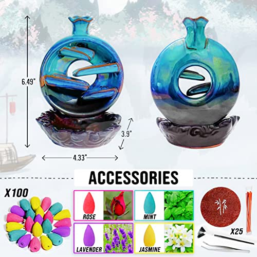 Incense Burner, Incense Holder, Ceramic Waterfall Backflow Incense Burner, 100 Backflow Incense Cones, Fragrance Incense Sticks, Aromatherapy, Home Decor, Kitchen Decor, Zen Decor, Gift Set #TOP2