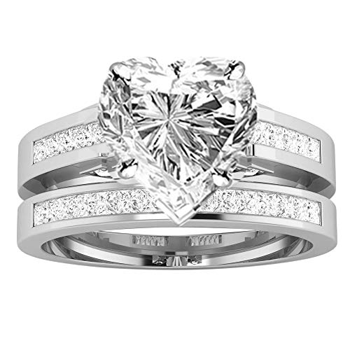 2.25 Ctw 14K White Gold Channel Set Princess Bridal Set Wedding Band and Matching IGI Certified Heart Shape Diamond Engagement Ring (1.5 Ct Center H-I Color SI1-SI2 Clarity)