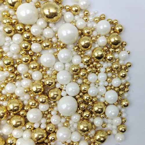 Image of Edible White Gold Sugar Pearls Candy Sprinkles 120G / 4.23Ounce Baking Cake Sprinkles Cupcake and Cake Topper Cookie Decorations Wedding Party Valentines Halloween Christmas Supplies