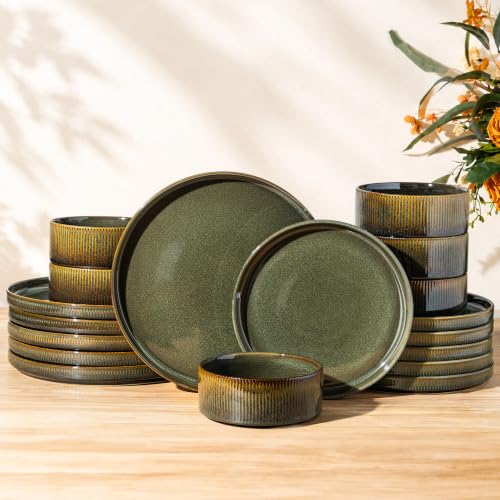 Image of Ceramic Dinnerware Set for 6, 18-Piece Plates and Bowls Set | Lightweight Porcelain Dish Set, Scratch Resistant, Oven & Microwave & Dishwasher Safe, Olive Green