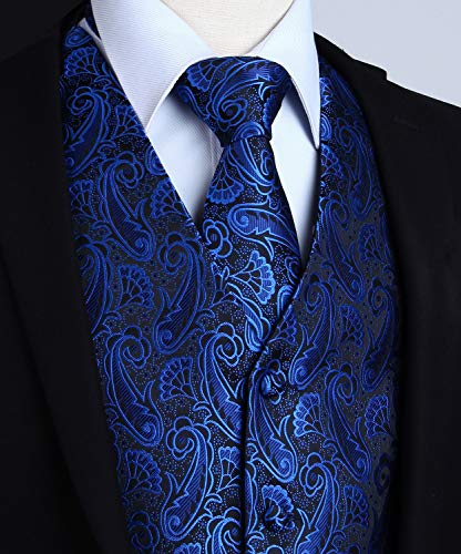 Hisdern 3Pc Men's Paisley Floral Jacquard Vest Suit & Necktie And Pocket Square Set Waistcoat For Tuxedo Wedding Party #TOP1