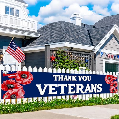 Image of BlissYard Patriotic Banner Thank You Veterans Decorations Banner 118 x 20 inch Independence Day American Flag Outdoor Banner for Yard Fence Porch, Veterans Day Memorial Day Decorations