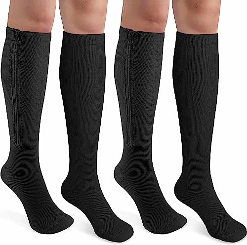 Gcbiger Calcetines de Compresión 2 pares con Cremallera 15-20 mmHg Soporte de Pierna con Cremallera de apoyo mejor para edema, hinchazón, embarazo (FR/ES, Letras, S, M, Regular, Regular, Negro)
