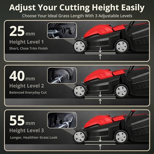 Image of Kraft Seeds 1200W Electric Lawn Mower Corded Grass Cutting Machine Electric 12 Inch Blade with 3-Level Height Adjustment (25mm, 45mm, 55mm), 30L Grass Collector Box Walk Behind Grass Cutting Machine