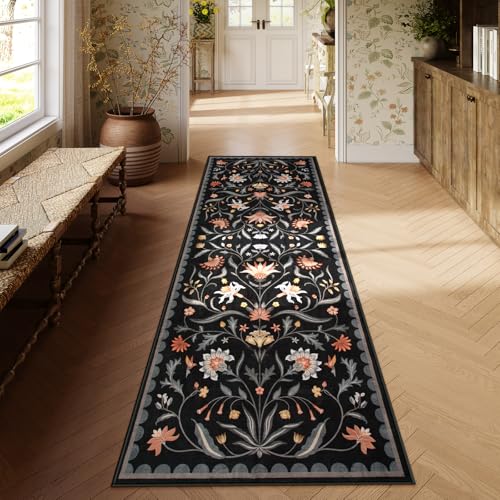 Lahome Boho Floral 2'6"x8' Washable Runners for Hallways, Kitchen Runner Rugs Non Skid Ultra-Thin, Soft Hallway Rug Throw Carpet Runners for Bedroom Bathroom Laundry Room (Black,2.6x8ft) 2'6