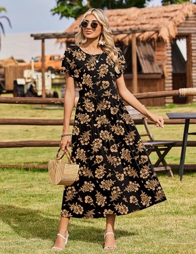 Image of Zeagoo Summer Dresses for Women 2026 Maxi Bohemian Floral Short Sleeve Long Dress Casual Flowy Tired Beach Sundress