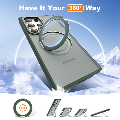 Image of Compatible with Samsung Galaxy S24 Ultra Case with 360Rotatable Magnetic Ring Stand Compatible with Mag-Safe Military Protection Matte Translucent Phone Cases for S24 Ultra 6.8 inch,Dark Green