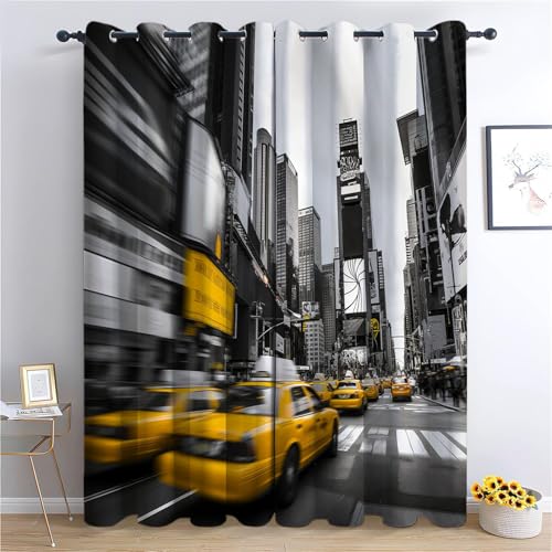CozyRest Rideau Occultant Times Square New York Rideaux Oeillet Polyester 3D Chambre Thermique Isolant Œillet Bâtiments Taxis Jaunes 280 X 260 cm Rideau...