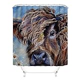 Cow Shower Curtain,Highland Bull and Daisy Painting,Rustic Farm Animal Country Theme Blue Fabric...