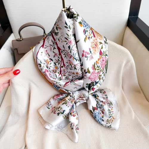 WaJuemy Large Mulberry Silk Feeling Scarf Long Stain Lightweight Scarf Wraps Fashion Designer Scarves Shawls Wraps for Women (01B White Bloom) - Thumbnail 4
