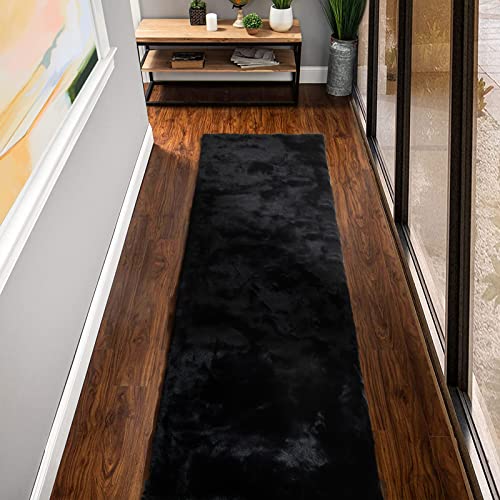 Fluffy Black Fuzzy Faux Rabbit Washable Shaggy Fur Rug for Living Room Bedroom Rugs Runners Rugs for Hallway 2x10 Nursery Rug