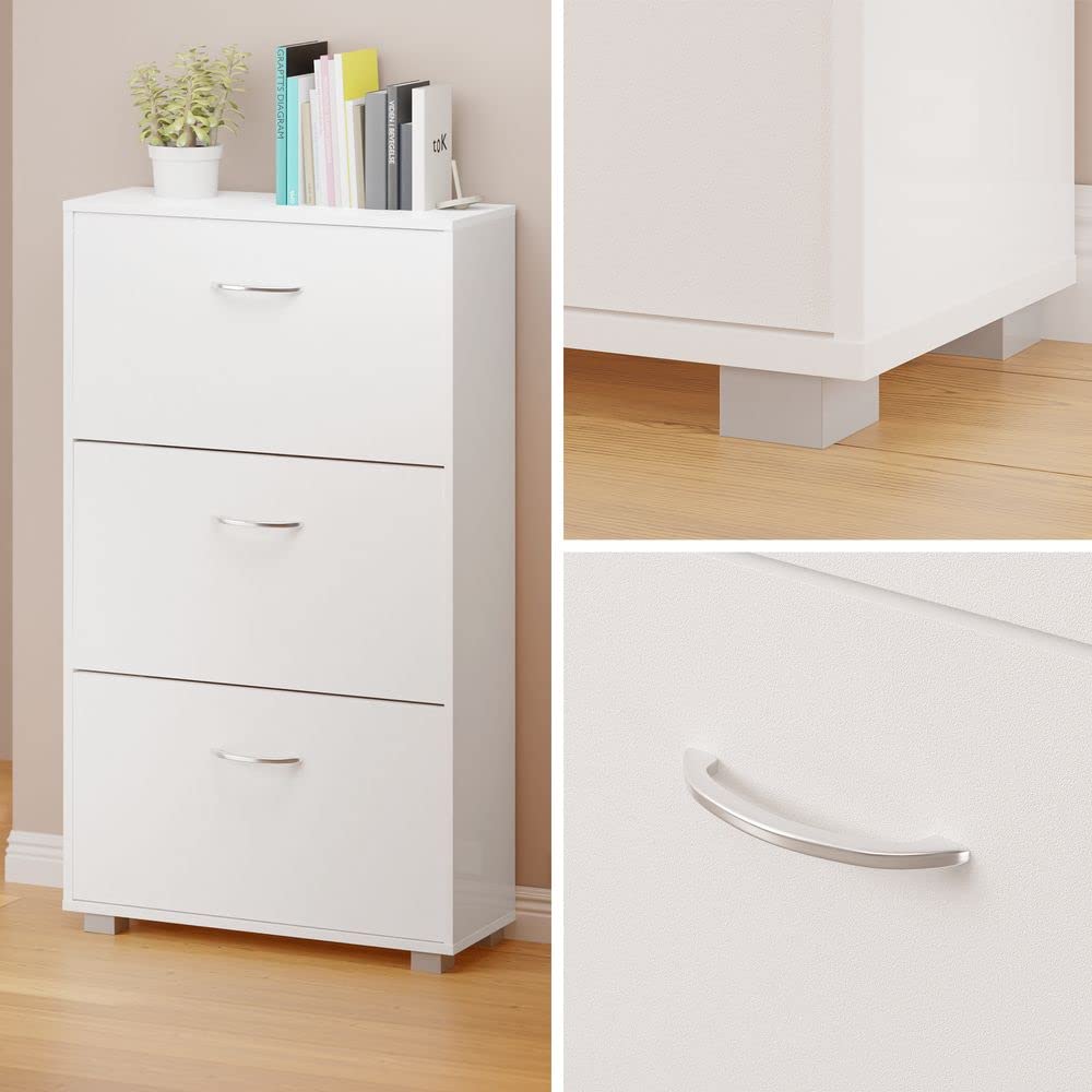 Casaria® Schuhschrank für 18 Paar Schuhe Schmal 115x60x25cm 3 Klappen Hoch Holz Geschlossen Kippsicherung Flur Diele Schuhkipper Schuhkommode Weiß