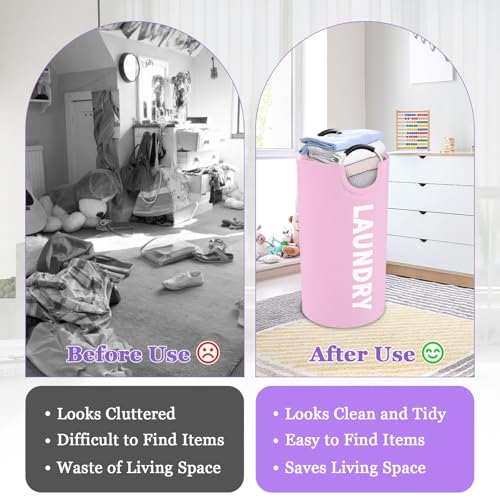 Image of 2Pcs Foldable Pink Laundry Basket for Family, 95L Portable Laundry Baskets with Aluminum Handles, Multi-functional Dirty Clothes Hampers for Dorm, Travel, Pink