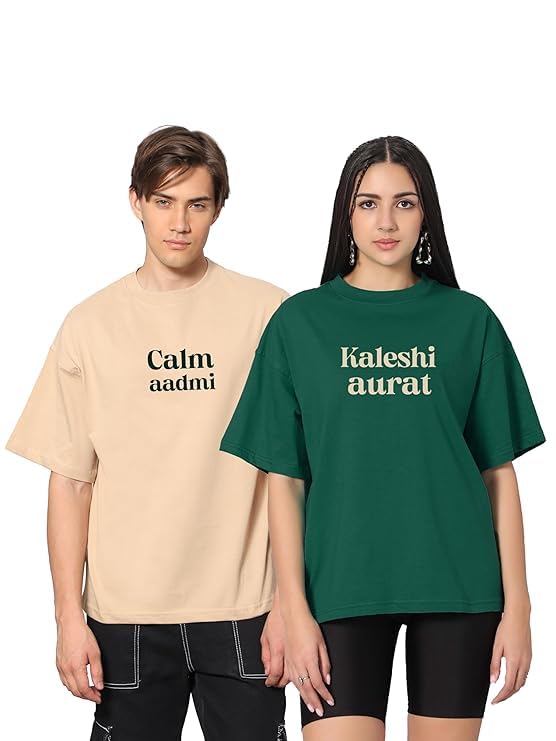 besick kaleshi Aurat & Calm Aadmi Printed Oversized Couple Tshirt for Womens/Girls-picture-42