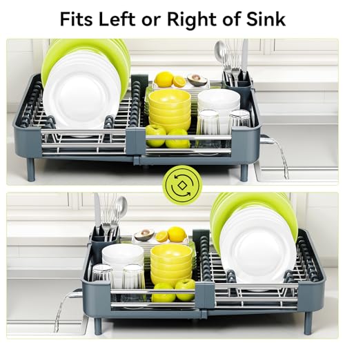 Image of Urackify Stainless Steel Dish Drying Rack - Dish Drainer for Kitchen Counter, Extendable Drainboard with Foldable, Space-Saving Cup & Bowl Organizer, Includes Knife and Utensil Holder, Matte-Green