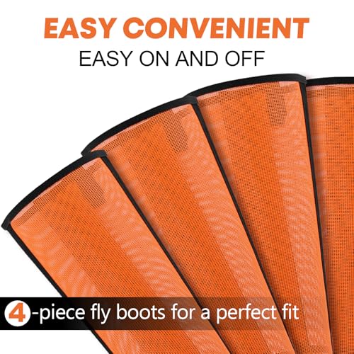 Image of Premium Ventilated Horse Fly Boots & Fly Leggings Set of 4 - Loose-Fitting Fine Mesh with Stay-On Fasteners,Support Strips & Anti-Stomp Design - Breathable,Non-Slip,Sun Protection,Orange
