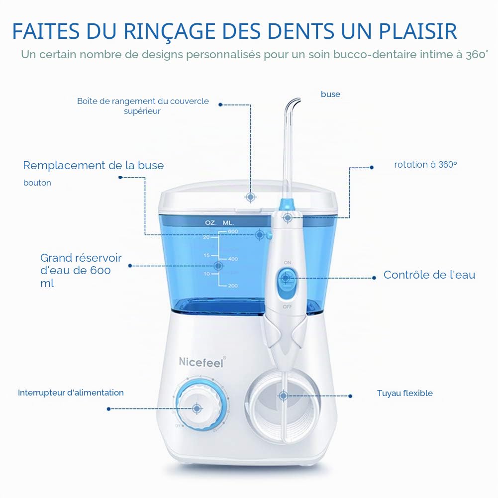 TUREWELL Jet Dentaire Hydropulseur - Avec 8 Buses Multifonctions, 10 Réglages de Pression D'eau, IPX7 Étanche, 600ML Irrigateur Dentaire Pour Les soins Familiaux (Blanc)