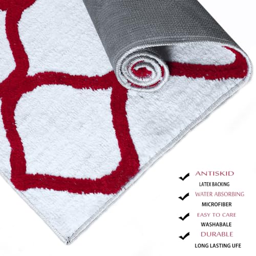Image of Anti-Skid Bedside Runner for Bedroom Super Soft Microfiber Carpet for Bedroom, Living Room & Entrance | Washable Non-Slip Floor Mat (White /Red, 2x8 FT)
