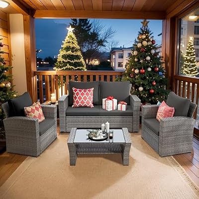 May in Color 4 Piece Patio Furniture Sets, All-Weather Wicker Conversation Sets, Outdoor Rattan Sectional Sofa Chair with Cushions and Coffee Table for Balcony, Garden, Backyard,Grey/Dark Grey