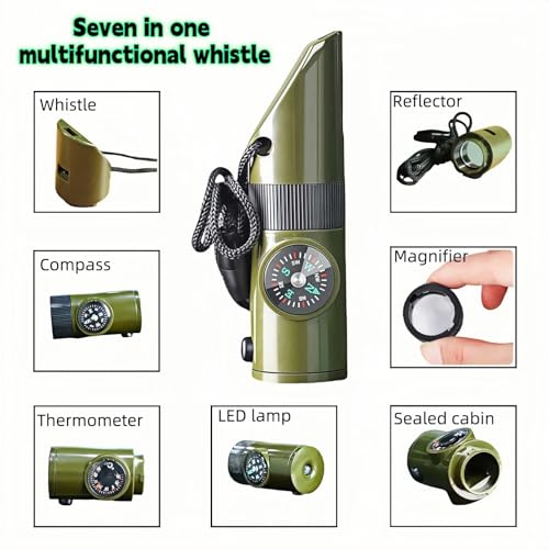 Emergency 7-in-1 Survival Whistle Kit:120dB Loud Safety Whistle with Compass,Thermometer, LED Light,Signal Mirror & Waterproof Case for Outdoor Adventures Fire Starter for Hiking/Camping/Water Safety - Image 3