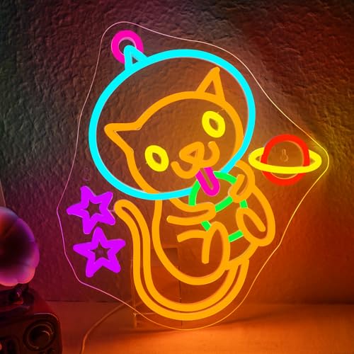 Image of Astronaut Cat Boba Tea Neon Sign LED Neon Light Wall Decor for Kids Room | Cute kitty bubble tea light up sign for bedrooms, boba shops, Cafes & dessert stores, space theme wall decor,USB powered