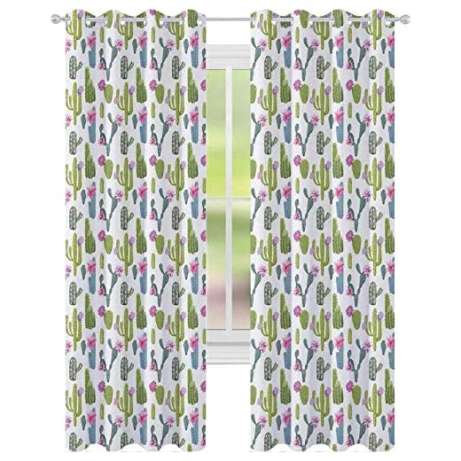 Gardiner för sovrum, Saguaro San Pedro kaktus rebutia blommig ökenvildmarksmönster, B 96 x L 96 tum mörkläggningsgardiner för vardagsrummet, limegrön fuchsia skifferblå