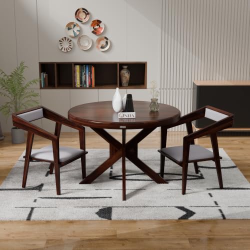Image of ONIJA Solid Sheesham Wood 2 Seater Dining Table Set with Cushioned Chairs for Dining Room | Living Room | Home & Office | Hotels Restaurant & Cafe (2 Seater, Walnut Finish)