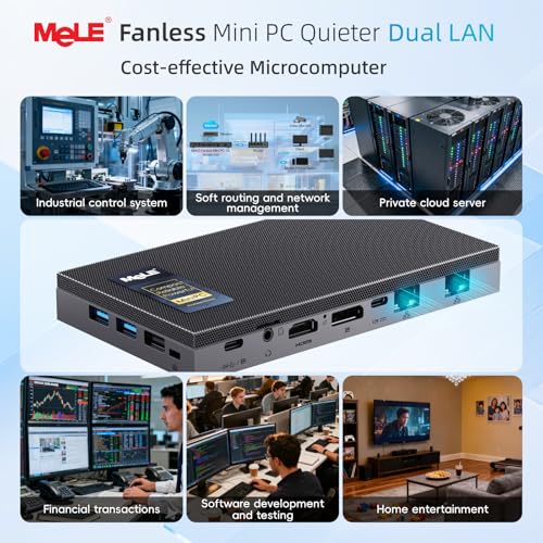 Image of MeLE Quieter DL Fanless N100 Mini PC Dual 2.5G LAN 4GB 128GB Win11 Home | Support HDMI + USB-C + DP1.4 4K Triple Display, WiFi5, BT5.1, Support Linux OS, Quiet, No Dust, Unlocked BIOS, Low Power