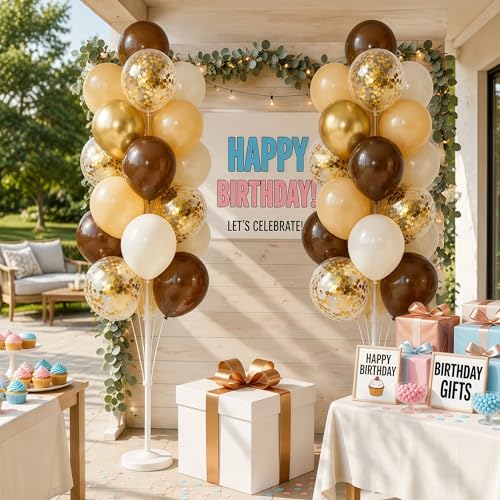 Image of Hiins Balloon Column Kit Set of 2 With Balloons Included - with Base,Pole,Balloon Tower Backdrop Decoration for Wedding, Baby Shower,Birthday Party,Bachelorette Parties (3xCoffee Brown Gold)