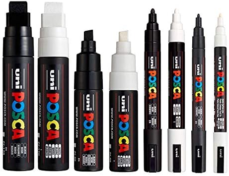 POSCA Black & White - Medium to Broad Set of 8 Pens (PC-17K, PC-8K, PC-5M, PC-3M)