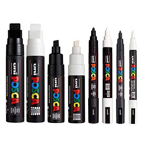 POSCA Black & White - Medium to Broad Set of 8 Pens (PC-17K, PC-8K, PC-5M, PC-3M) by posca - Used condition - US$20.77