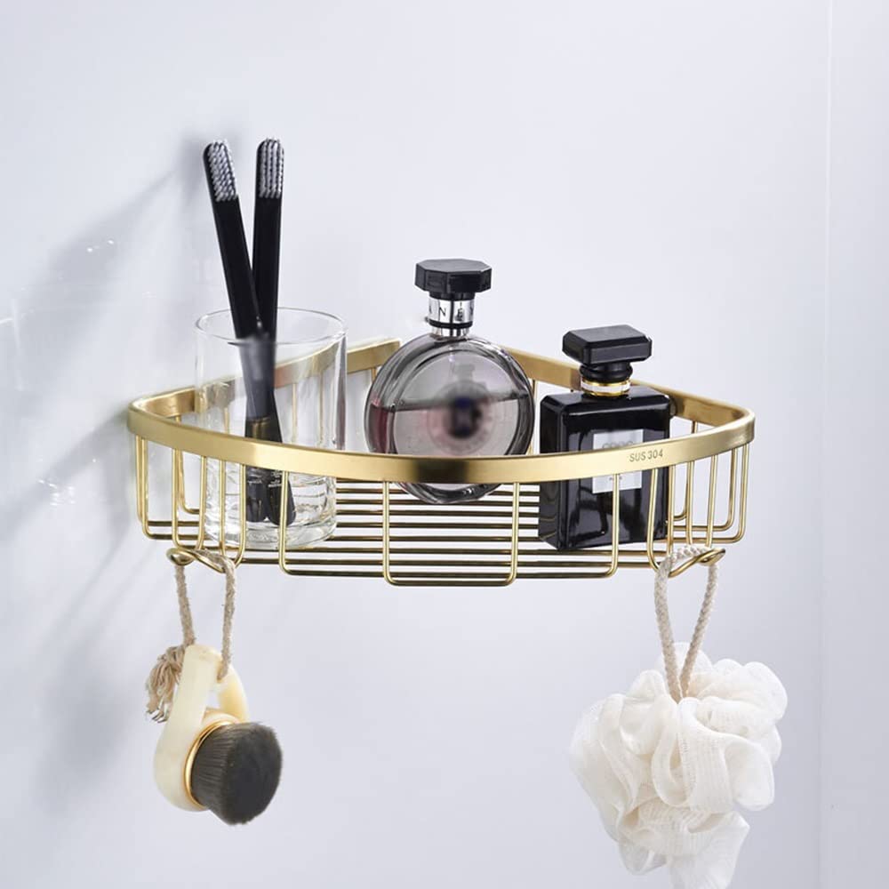 HEXEH Estantes de baño esquineros para ducha, estantes flotantes de acero inoxidable dorado cepillado para cosméticos, organizador de champú, estante de drenaje, estantes de cocina montados en la