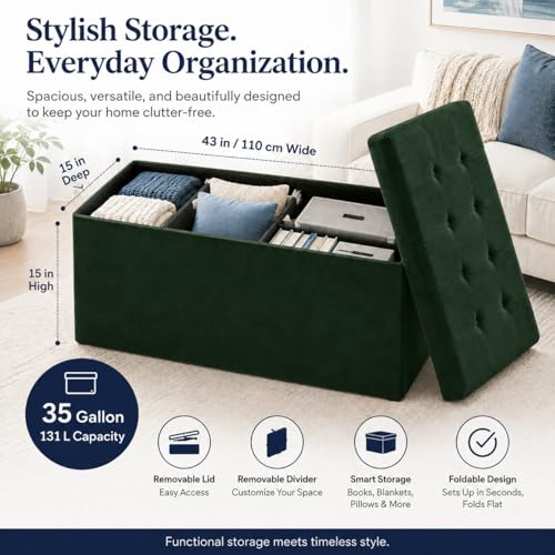 Image of ALASDO 43 Inch Folding Storage Ottoman Bench with Hidden Storage, Velvet Storage Ottoman Foot Rest Stool, End of Bed Bench for Bedroom, Living Room, Entryway and Closet, Dark Green