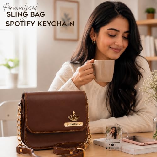 Image of SAVRI Personalized Rakhi Gift for Sister | Customized Leather Sling Bag with Name & Charm and Spotify Photo Keychain with Favourite Song, Personalised Gift Combo for Sister, Behan, Didi- Bro Sis Gift