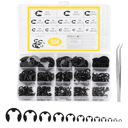 500 Pcs Circlips Assorted Sizes, E Clips, E-Clips Circlip External Retaining Rings Assortment Set, Snap Opening Ring Circlips Kit, C-Clips, M1.2-M15